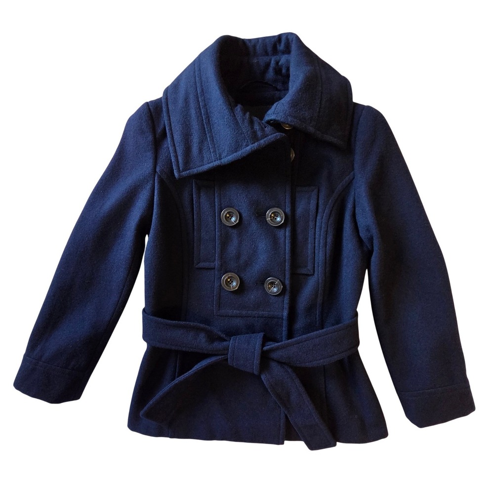 Zara Basic Womens Navy Blue Wool Blend Double Breasted Belted Peacoat Size S